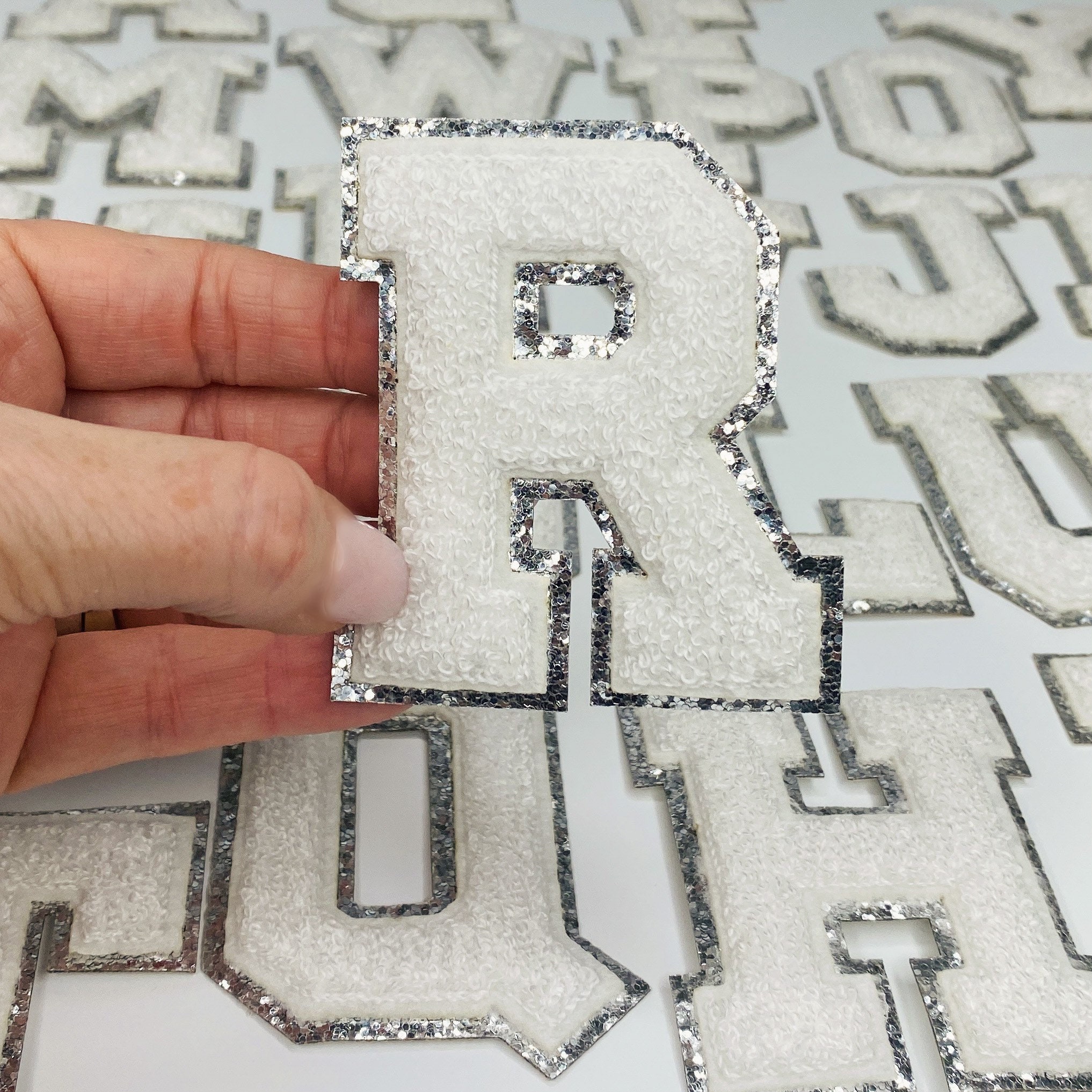 NEW White 3.12 Chenille Letters, SILVER Glitter, Varsity Letter