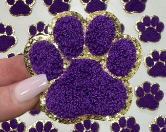 Purple Paw Print Iron On Patch, Gold Glitter
