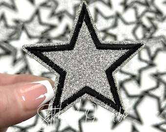 Silver Glitter Star Patch, Embroidered Black Border, Iron On
