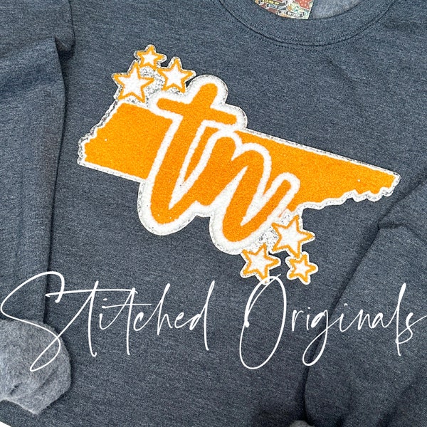 Tennessee Chenille Patch, Silver Glitter Stars, Iron-On Patch