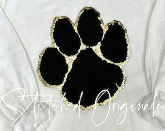 Chenille Large Black Paw patch, GOLD Glitter, Iron on, Diy Patch, Game Day