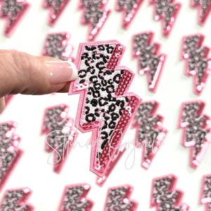 Pink Cheetah Lightning Bolt Patch, Lightning Bolt Patch with Sequins, diy patch, Trucker Hat Patch, iron on patch