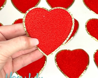 Red Chenille Heart Patch with Gold Glitter, Iron-On 3” DIY