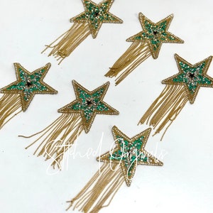 Green and Gold Hotfix Star Patch, Beaded Star, with Black CENTER Star, Iron on Patch, DIY Patch, Trucker Hat Patch