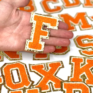 Orange 3.12&quot; Chenille Letters, Gold Glitter, Varsity Letter Iron on Patch, Diy Monogram