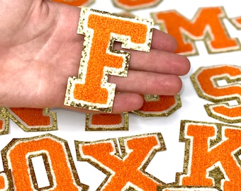 Orange 3.12&quot; Chenille Letters, Gold Glitter, Varsity Letter Iron on Patch, Diy Monogram