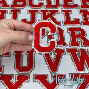 NEW Red 3.12" Chenille Letters, SILVER Glitter, Varsity Letter Iron on Patch, Diy Monogram