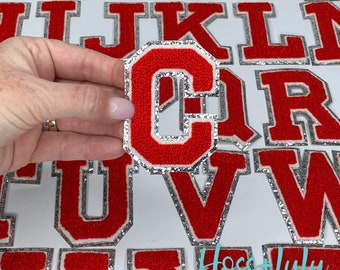 NEW Red 3.12&quot; Chenille Letters, SILVER Glitter, Varsity Letter Iron on Patch, Diy Monogram