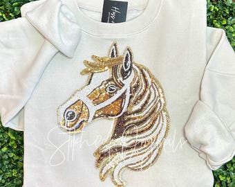 Horse Sequin Iron On Patch, Gold Glitter Accent
