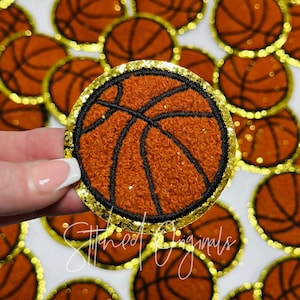 Basketball NEW 2.5&quot; Chenille Patch, Gold Glitter, Custom Chenille Patch, Game Day Patch, Trucker Hat Patch, Basketball, DIY