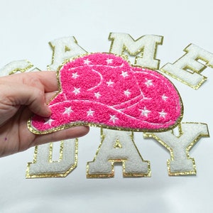 Pink 6.5&quot; Cowboy Hat embroidered white stars, gold glitter, Custom patch, DIY patch