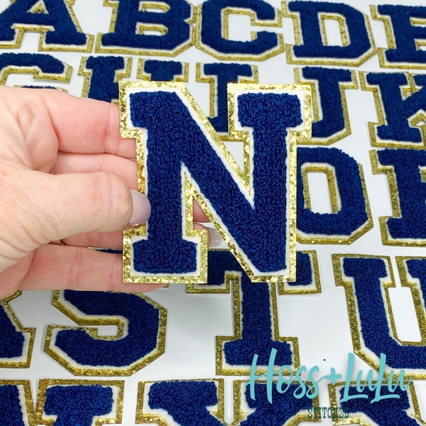 NEW Navy 3.12" Chenille Letters, Gold Glitter, Varsity Letter Iron on Patch, Diy Monogram