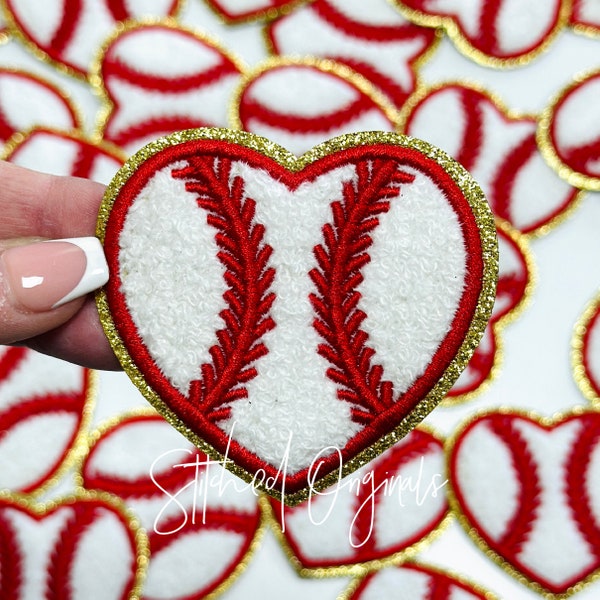 Baseball GOLD Glitter Small Heart Patch, DIY Patch, Softball Iron on Patch, Chenille Patch