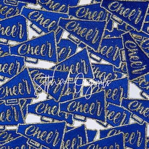 Cheer Megaphone Patch, Royal Blue, Gold Glitter, Iron On