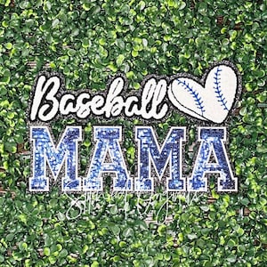 May include: Baseball Mama iron-on patch with blue and white sequins and a white baseball heart.