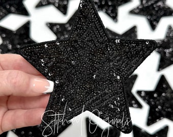 Black 5" Sequin Star Patch, Iron on Patch, DIY Patch, Sequin Star