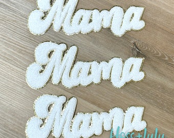 Mama White chenille patch, Mama patch with gold glitter, iron on, chenille MAMA cursive patch