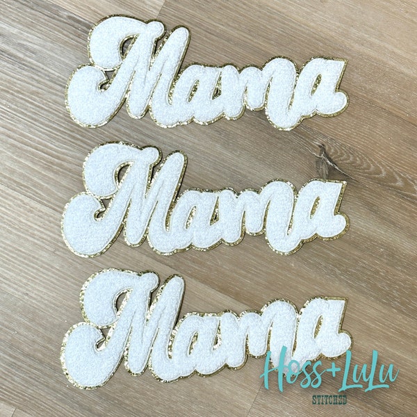 Mama White chenille patch, Mama patch with gold glitter, iron on, chenille MAMA cursive patch