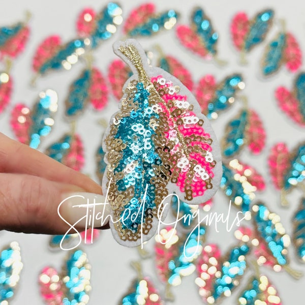 Sequin Pink and Teal Feather Patch, Trucker Hat Patch, Iron on Patch, DIY Patch, Sequin Feathers