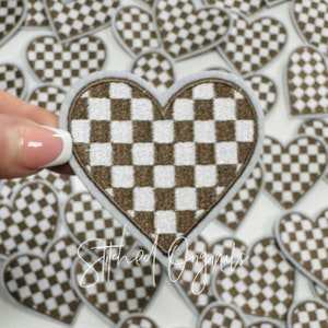 White and Taupe Checkered Heart Patch, Heart Patch, diy patch, Trucker Hat Patch, iron on patch