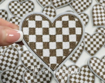 White and Taupe Checkered Heart Patch, Heart Patch, diy patch, Trucker Hat Patch, iron on patch