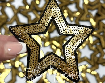 Black & Gold Sequin Star Iron-On Patch, DIY Trucker Cap Decor