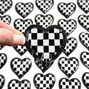 Black Checkered Heart Patch, Heart Patch with Sequins, diy patch, Trucker Hat Patch, iron on patch