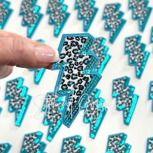 Teal Cheetah Lightning Bolt Patch, Lightning Bolt Patch with Sequins, diy patch, Trucker Hat Patch, iron on patch