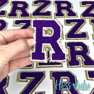 NEW Purple 3.12" Chenille Letters, GOLD Glitter, Varsity Letter Iron on Patch, Diy Monogram