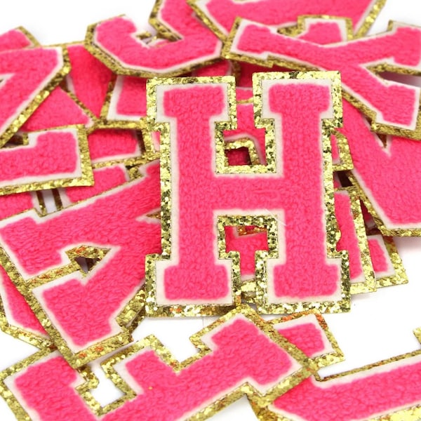 Hot Pink 3.12" Chenille Letters, Gold Glitter, Varsity Letter Iron on Patch, Diy Monogram