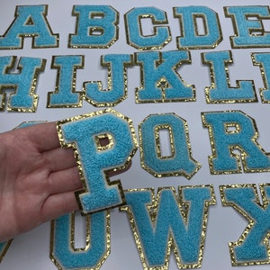 Light Blue 3.12" Chenille Letters, Gold Glitter, Varsity Letter Iron on Patch, Diy Monogram