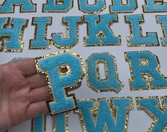Letras de chenilla azul claro de 8 cm con purpurina dorada, parche termoadhesivo con letras universitarias, monograma DIY