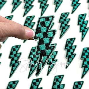 Teal Checkerboard Lightning Bolt Patch, Trucker Cap Patch, Iron On, DIY patch, Teal and Black Lightning Bolt with Teal Glitter Patch
