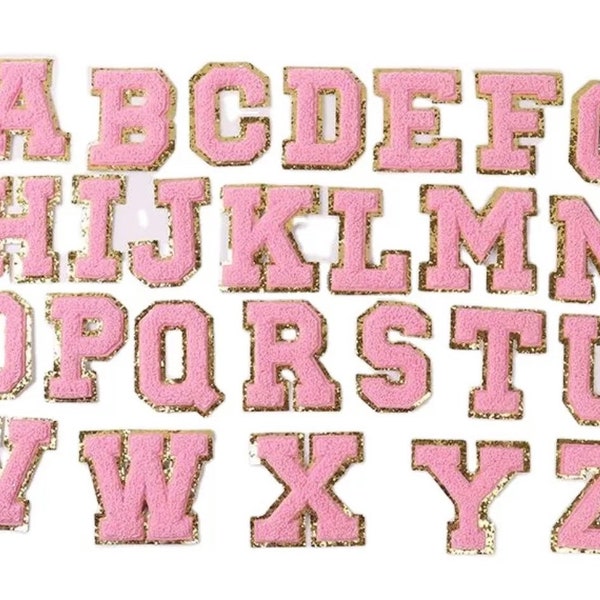 Pink 3.12" Chenille Letters, Gold Glitter, Varsity Letter Iron on Patch, Diy Monogram