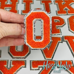NEW Orange 3.12&quot; Chenille Letters, SILVER Glitter, Varsity Letter Iron on Patch, Diy Monogram