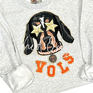May include: Gray sweatshirt with a black and brown dog wearing gold star-shaped sunglasses. The dog is wearing a red and white checkered collar with a gold tag that says "T". Below the dog is the word "VOLS" in orange and gold letters.