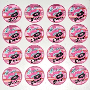 May include: Twelve pink and white striped round iron-on patches with a blue and white outline of the state of Texas with the words "River Time!" in a cursive font.