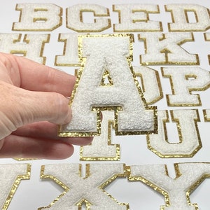 White 3.12" Chenille Letters, Gold Glitter, Varsity Letter Iron on Patch, DIY Monogram