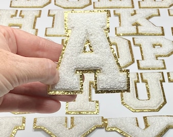 White 3.12&quot; Chenille Letters, Gold Glitter, Varsity Letter Iron on Patch, DIY Monogram