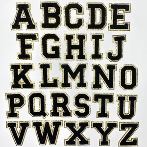 Black 3.12" Chenille Letters, Gold Glitter, Varsity Letter Iron on Patch, Diy Monogram