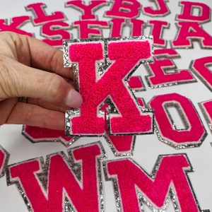 Hot Pink 3.12&quot; Chenille Letters, SILVER Glitter, Varsity Letter Iron on Patch, Diy Monogram