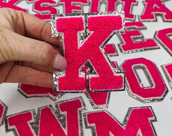 Hot Pink 3.12" Chenille Letters, SILVER Glitter, Varsity Letter Iron on Patch, Diy Monogram