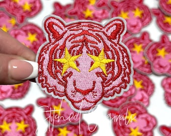 Pink Red Tiger Embroidered Patch, Iron On Applique