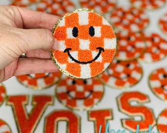 Orange Checkerboard Face 3.12” Chenille Patch with gold glitter, Face Patch, diy patch, iron on patch