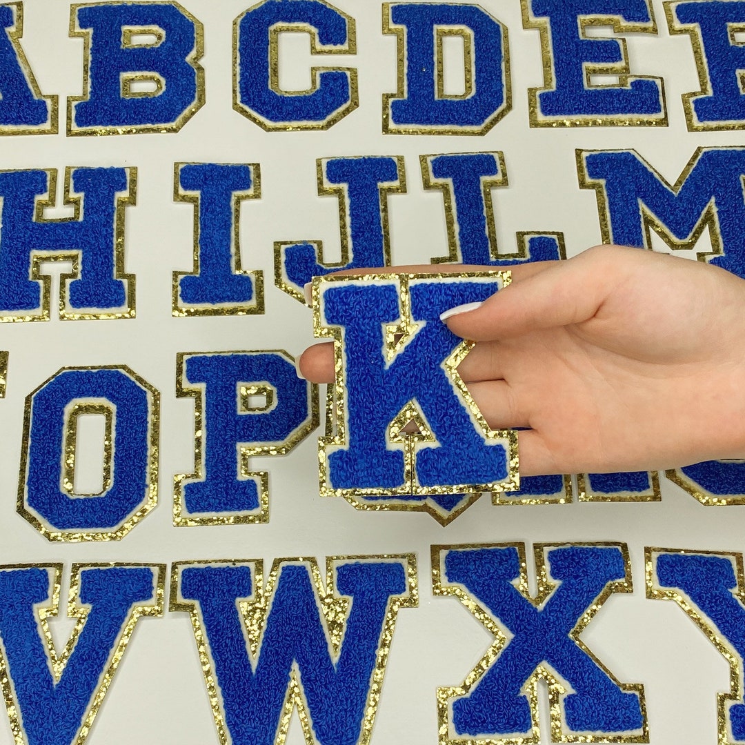Royal Blue 3.12 Chenille Letters, Gold Glitter, Varsity Letter Iron on