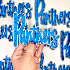 May include: Blue "Panthers" applique with silver glitter trim and blue rhinestones. The word "Panthers" is in a cursive font. The applique is held in a hand.