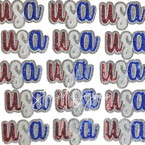 May include: A set of 15 iron-on patches featuring the word "USA" in red, white and blue sequins. The patches are ideal for adding a patriotic touch to clothing, bags or other crafts.