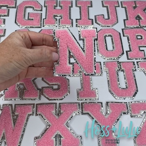 NEW Pink 3.12&quot; Chenille Letters, SILVER Glitter, Varsity Letter Iron on Patch, Diy Monogram