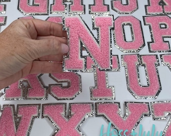 NEW Pink 3.12" Chenille Letters, SILVER Glitter, Varsity Letter Iron on Patch, Diy Monogram