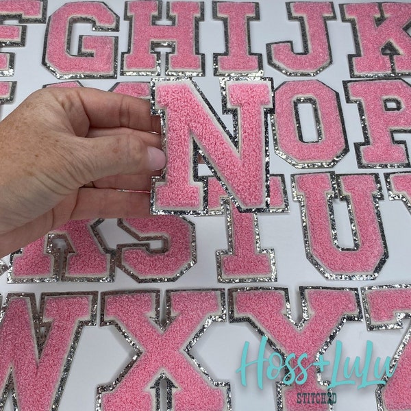 NEW Pink 3.12" Chenille Letters, SILVER Glitter, Varsity Letter Iron on Patch, Diy Monogram